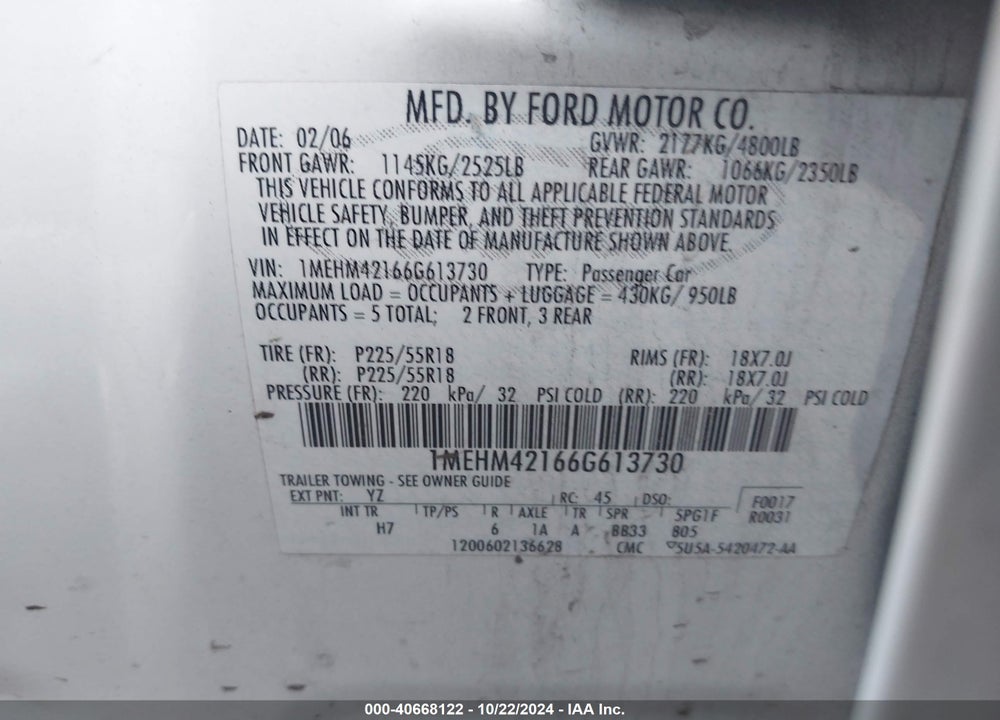 2006 MERCURY MONTEGO PREMIER VIN: 1MEHM42166G613730