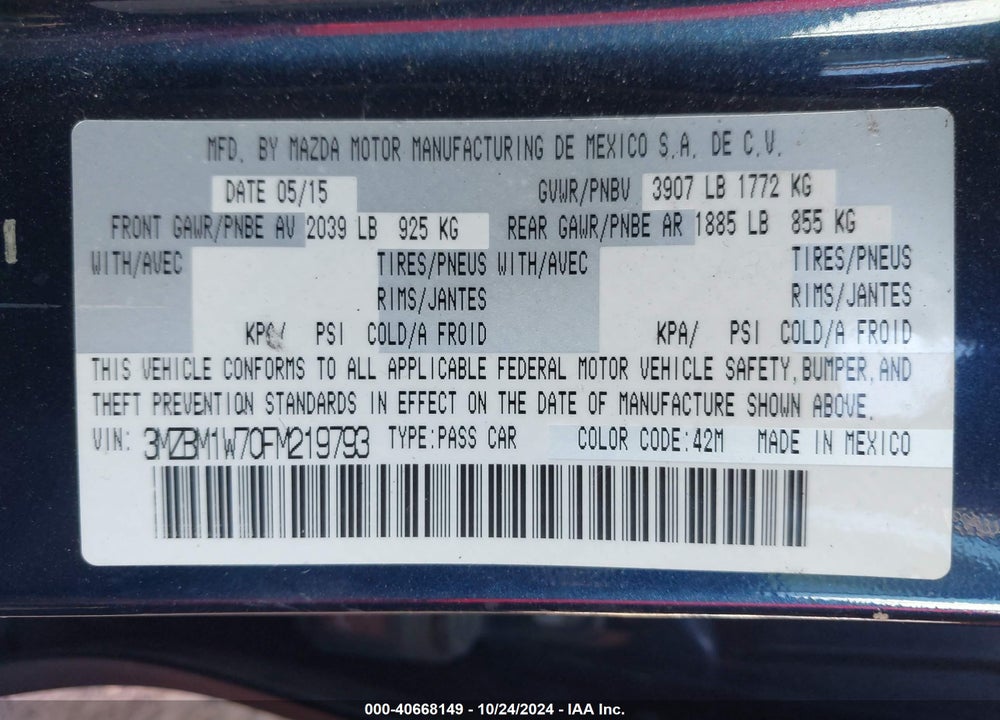 2015 MAZDA 3 I GRAND TOURING VIN: 3MZBM1W70FM219793