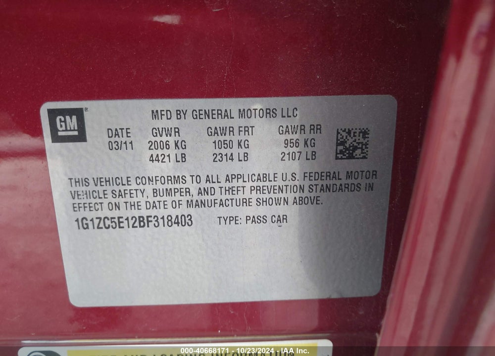 2011 CHEVROLET MALIBU 1LT VIN: 1G1ZC5E12BF318403