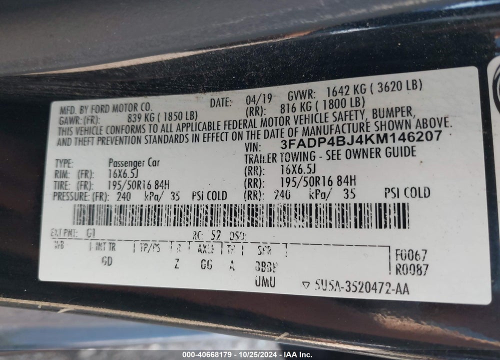 2019 FORD FIESTA SE VIN: 3FADP4BJ4KM146207