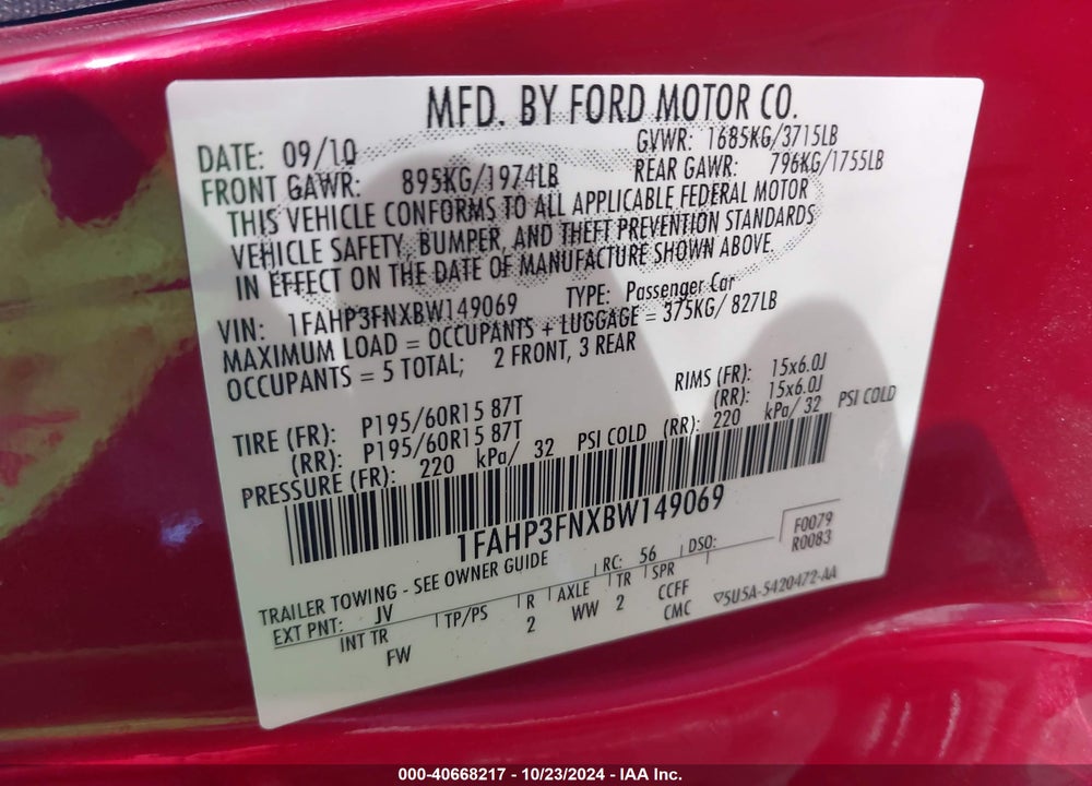 2011 FORD FOCUS SE VIN: 1FAHP3FNXBW149069