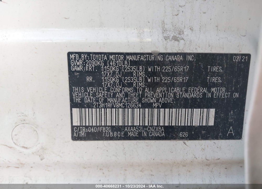 2021 TOYOTA RAV4 LE VIN: 2T3H1RFV8MC126634