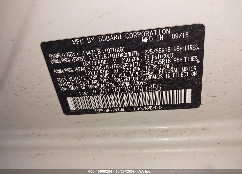 2019 SUBARU CROSSTREK 2.0I LIMITED VIN: JF2GTANC3KH247856