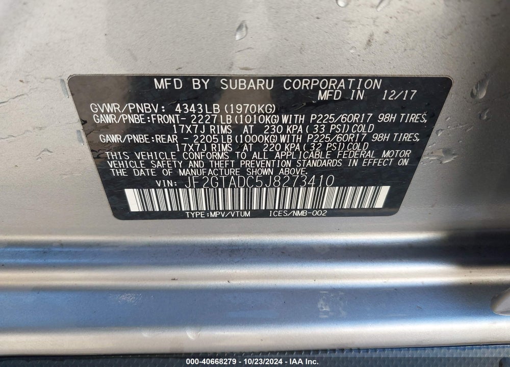 2018 SUBARU CROSSTREK 2.0I PREMIUM VIN: JF2GTADC5J8273410