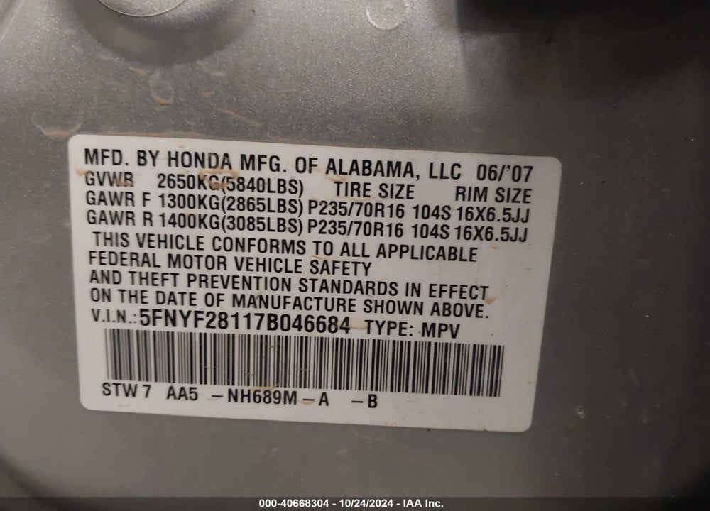 2007 HONDA PILOT LX VIN: 5FNYF28117B046684