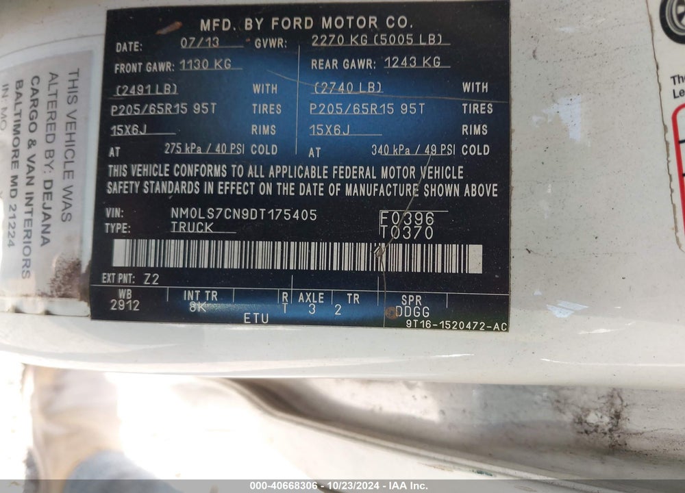 2013 FORD TRANSIT CONNECT XL VIN: NM0LS7CN9DT175405