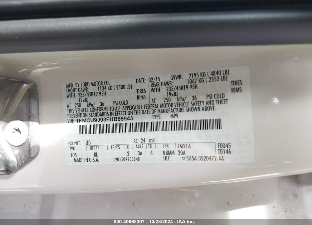 2015 FORD ESCAPE TITANIUM VIN: 1FMCU9J93FUB68943