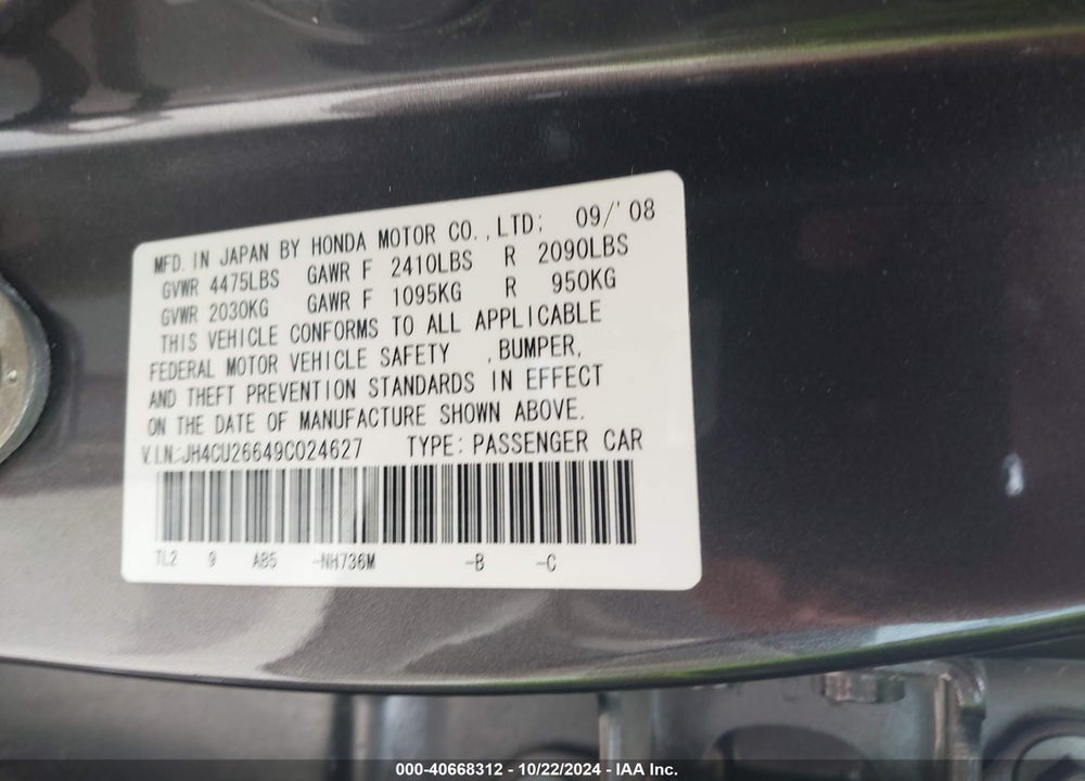 2009 ACURA TSX VIN: JH4CU26649C024627