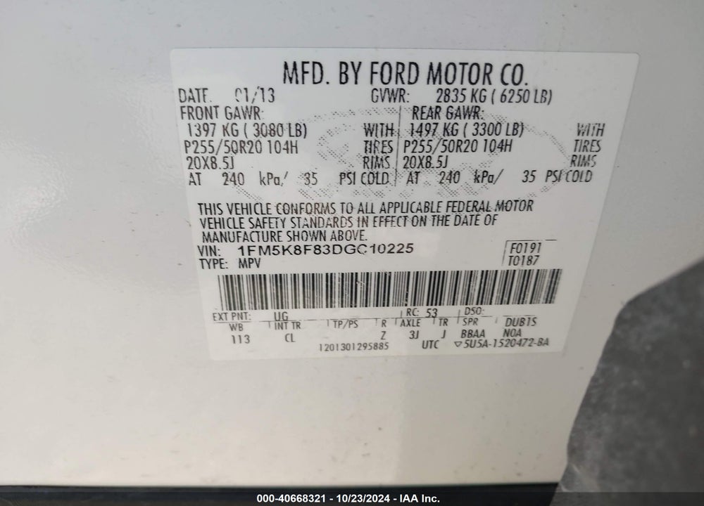 2013 FORD EXPLORER LIMITED VIN: 1FM5K8F83DGC10225