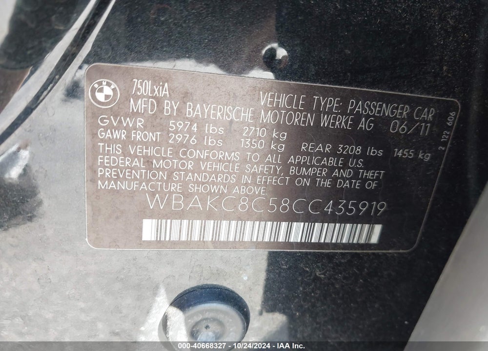 2012 BMW 750LI VIN: WBAKC8C58CC435919