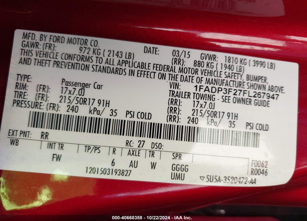 2015 FORD FOCUS SE VIN: 1FADP3F27FL267947