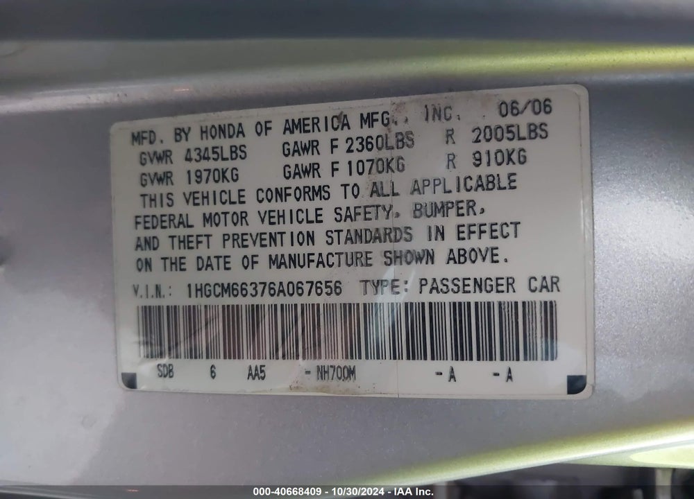 2006 HONDA ACCORD 3.0 LX VIN: 1HGCM66376A067656
