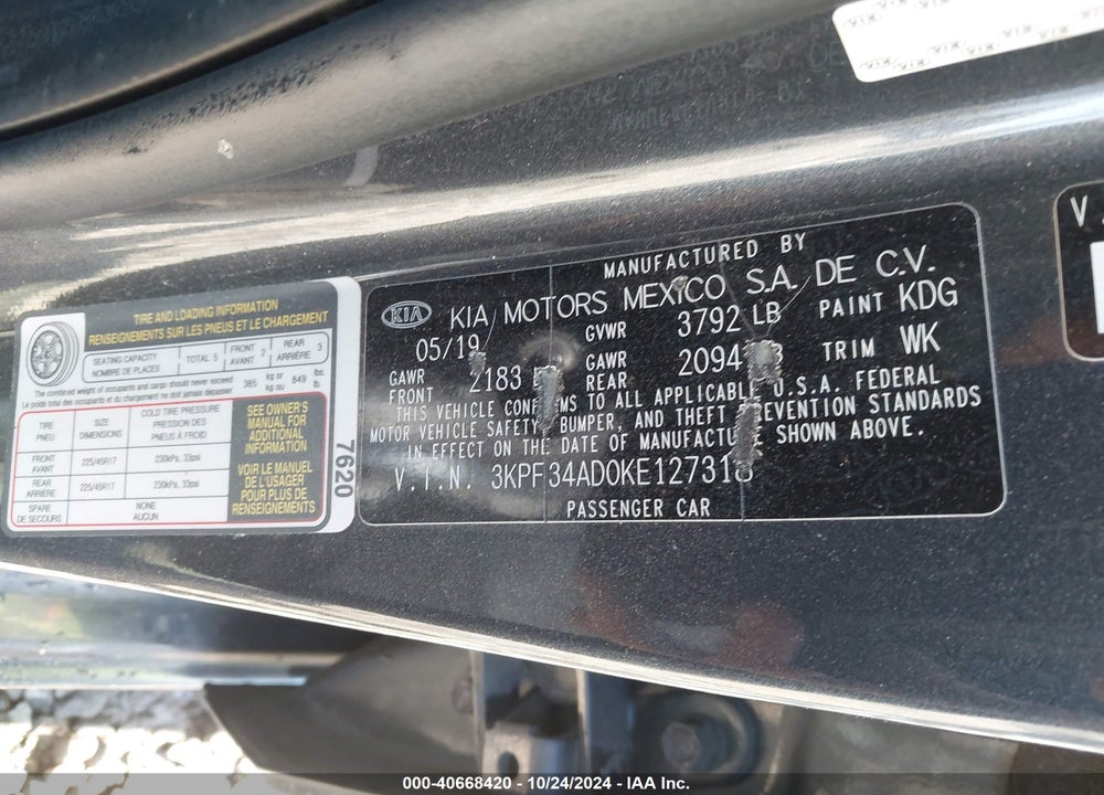 2019 KIA FORTE S VIN: 3KPF34AD0KE127318