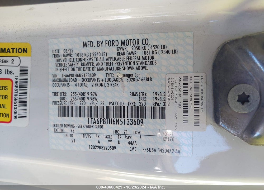 2022 FORD MUSTANG ECOBOOST VIN: 1FA6P8TH6N5133609