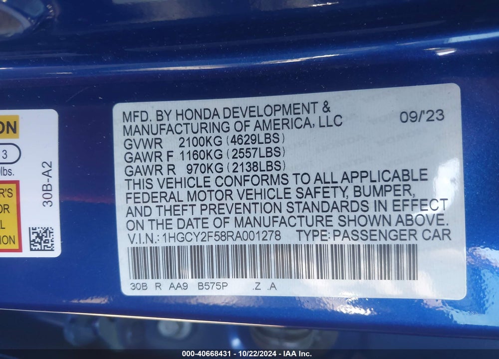 2024 HONDA ACCORD HYBRID SPORT VIN: 1HGCY2F58RA001278