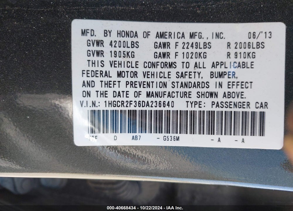 2013 HONDA ACCORD LX VIN: 1HGCR2F36DA236640