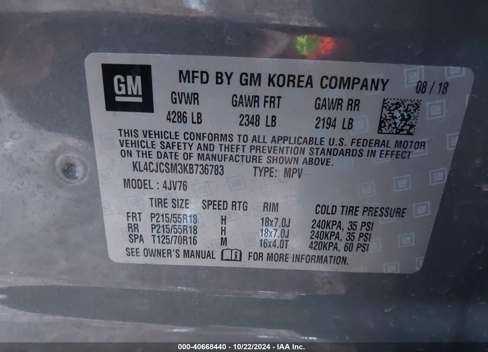 2019 BUICK ENCORE FWD ESSENCE VIN: KL4CJCSM3KB736783