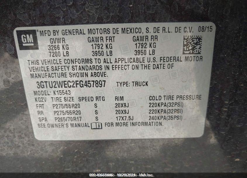 2015 GMC SIERRA 1500 VIN: 3GTU2WEC2FG457897
