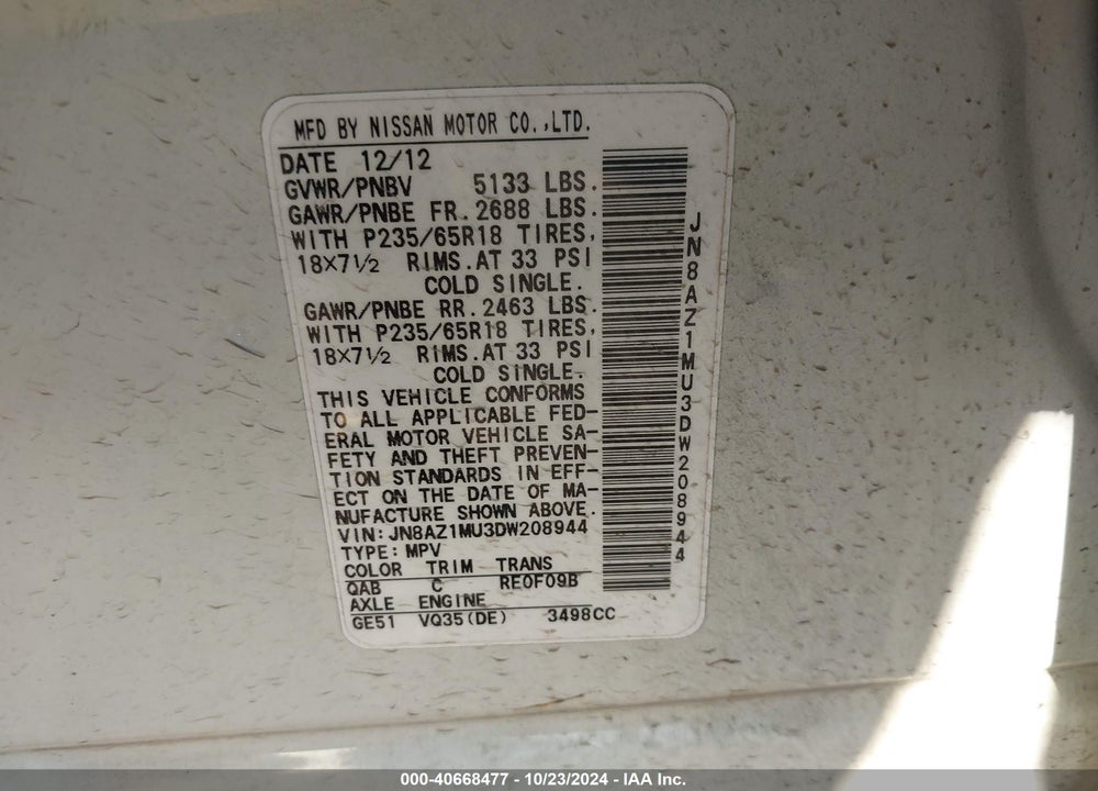 2013 NISSAN MURANO SL VIN: JN8AZ1MU3DW208944