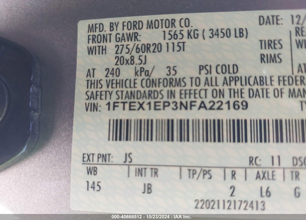 2022 FORD F-150 XL VIN: 1FTEX1EP3NFA22169