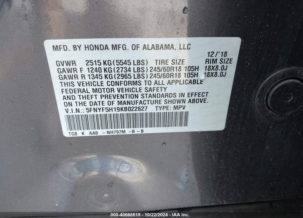 2019 HONDA PILOT LX VIN: 5FNYF5H19KB022627