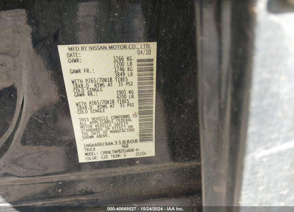 2010 NISSAN TITAN SE VIN: 1N6AA0EC6AN318808