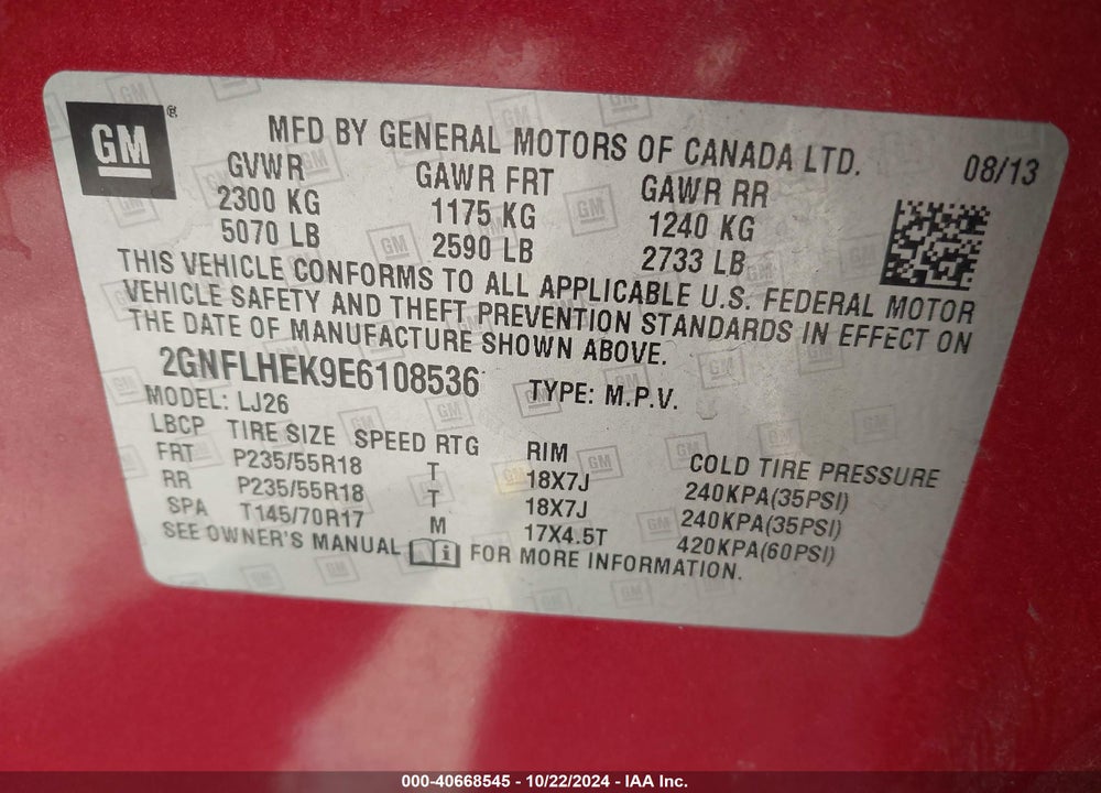 2014 CHEVROLET EQUINOX LTZ VIN: 2GNFLHEK9E6108536