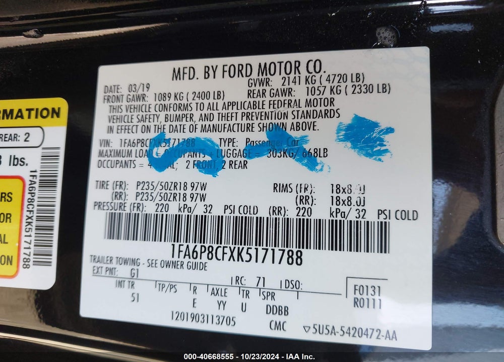 2019 FORD MUSTANG GT PREMIUM VIN: 1FA6P8CFXK5171788