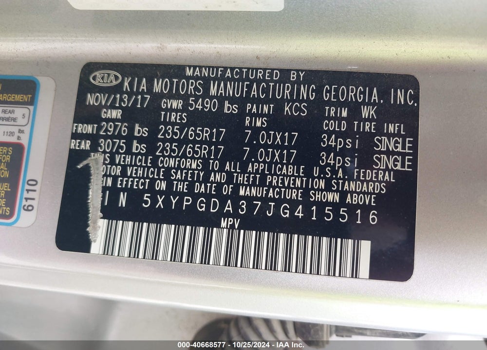 2018 KIA SORENTO 2.4L LX VIN: 5XYPGDA37JG415516
