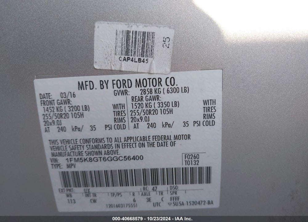 2016 FORD EXPLORER SPORT VIN: 1FM5K8GT6GGC56400