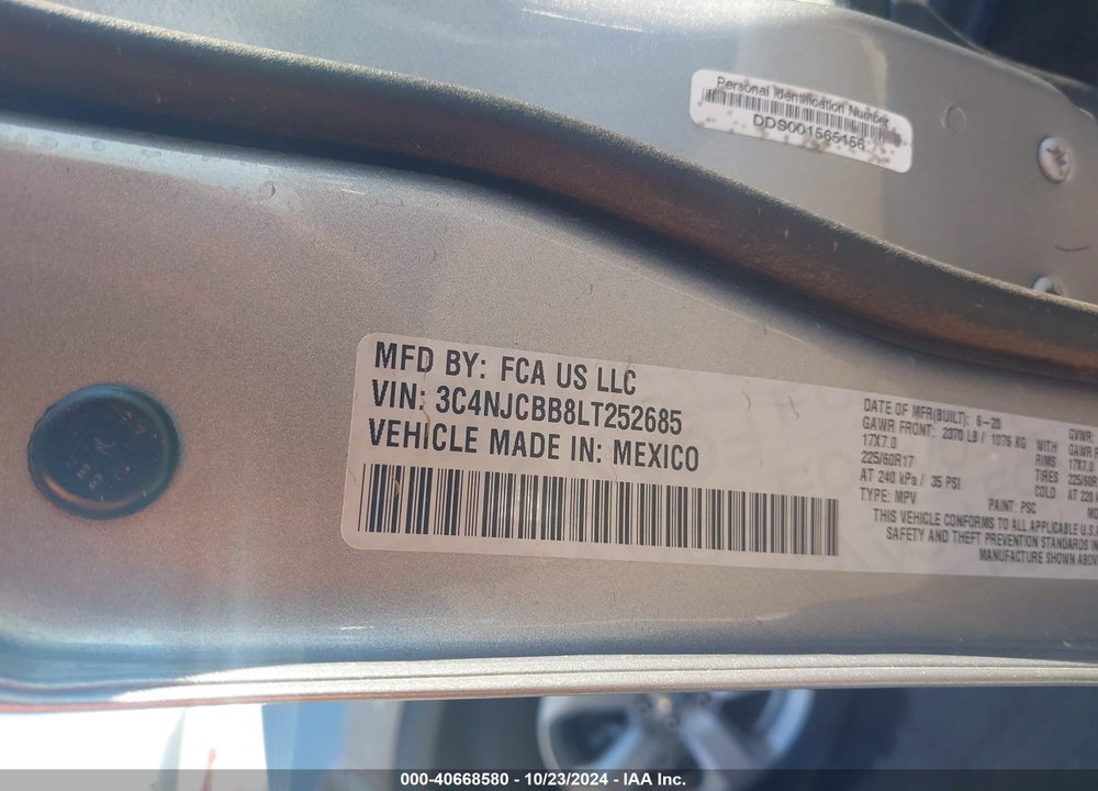 2020 JEEP COMPASS LATITUDE FWD VIN: 3C4NJCBB8LT252685