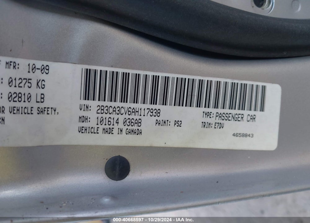 2010 DODGE CHARGER SXT VIN: 2B3CA3CV6AH117938