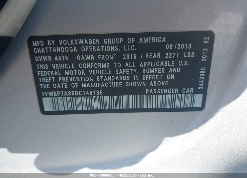 2013 VOLKSWAGEN PASSAT 2.5L SE VIN: 1VWBP7A35DC148135