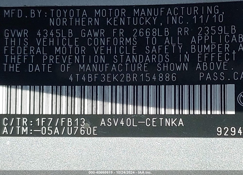 2011 TOYOTA CAMRY LE VIN: 4T4BF3EK2BR154886