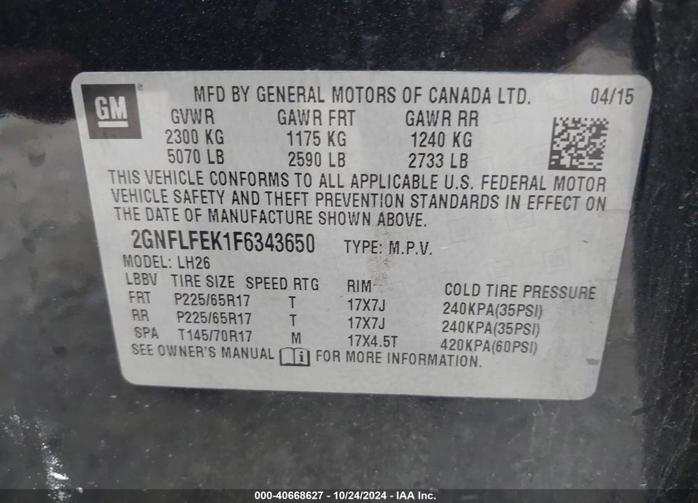 2015 CHEVROLET EQUINOX 1LT VIN: 2GNFLFEK1F6343650
