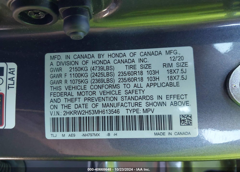 2021 HONDA CR-V AWD EX VIN: 2HKRW2H53MH613546