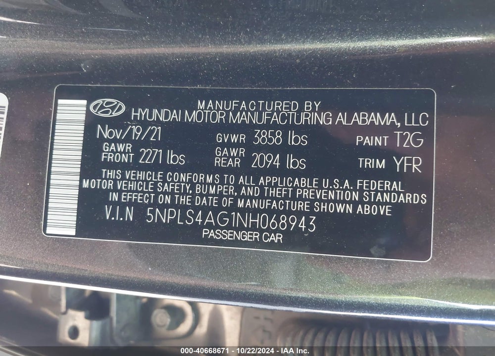 2022 HYUNDAI ELANTRA SEL VIN: 5NPLS4AG1NH068943