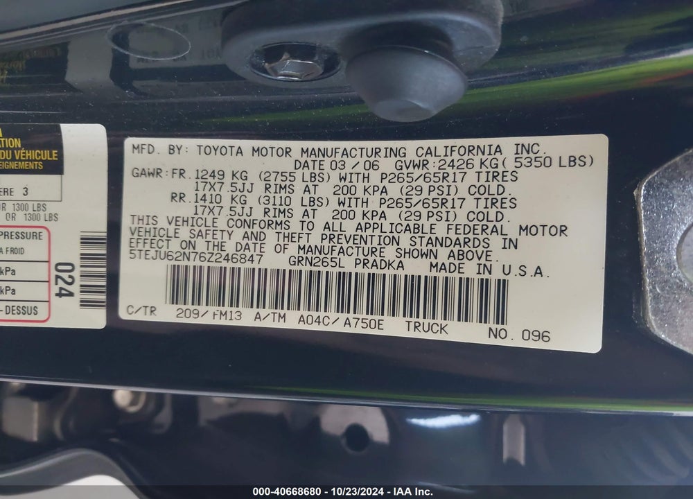 2006 TOYOTA TACOMA DOUBLE CAB PRERUNNER VIN: 5TEJU62N76Z246847