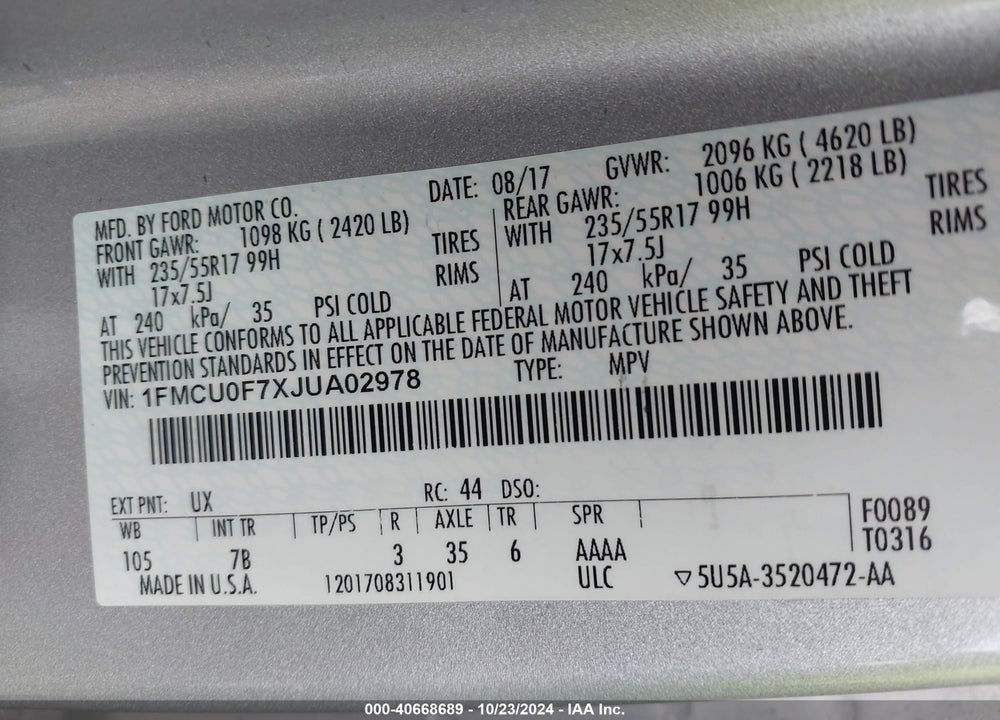 2018 FORD ESCAPE S VIN: 1FMCU0F7XJUA02978