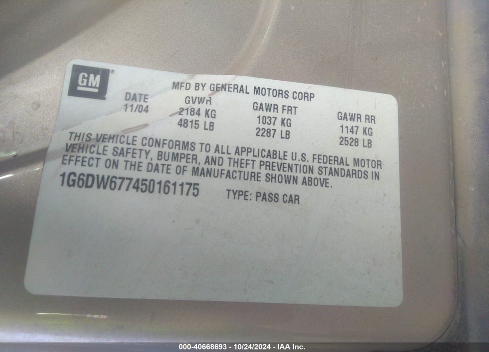2005 CADILLAC STS V6 VIN: 1G6DW677450161175