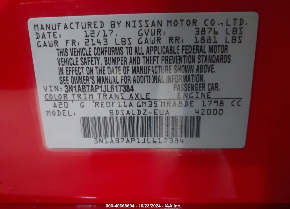 2018 NISSAN SENTRA SV VIN: 3N1AB7AP1JL617384
