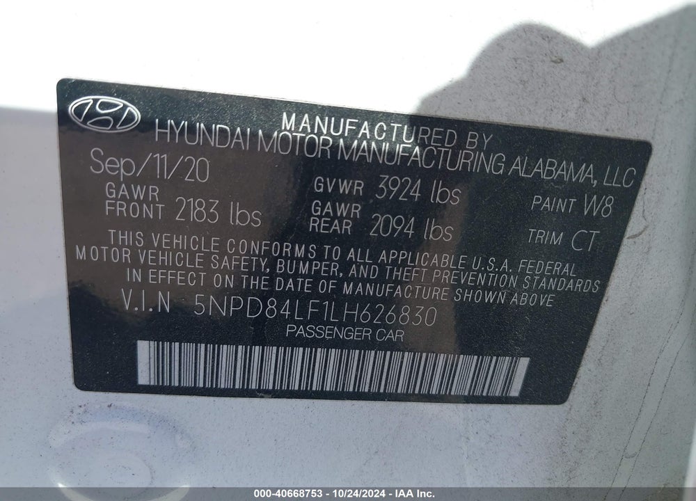 2020 HYUNDAI ELANTRA SEL VIN: 5NPD84LF1LH626830