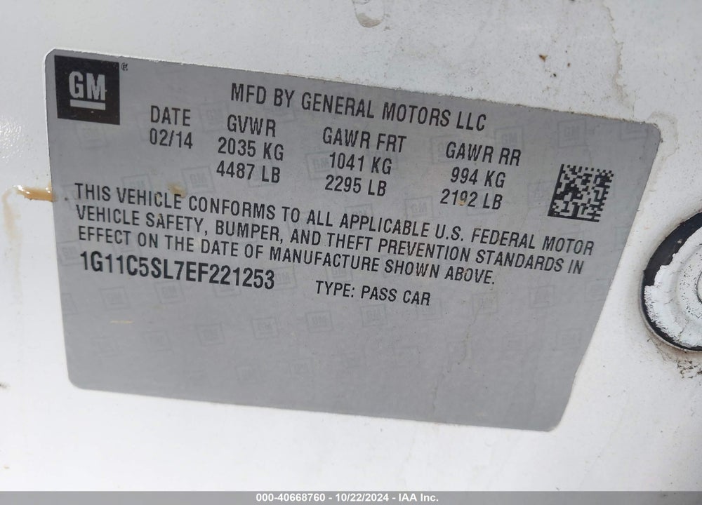 2014 CHEVROLET MALIBU 1LT VIN: 1G11C5SL7EF221253