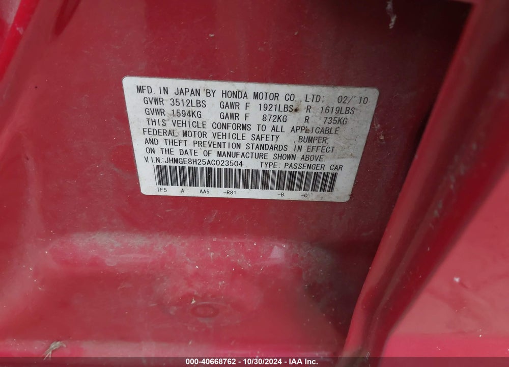 2010 HONDA FIT VIN: JHMGE8H25AC023504