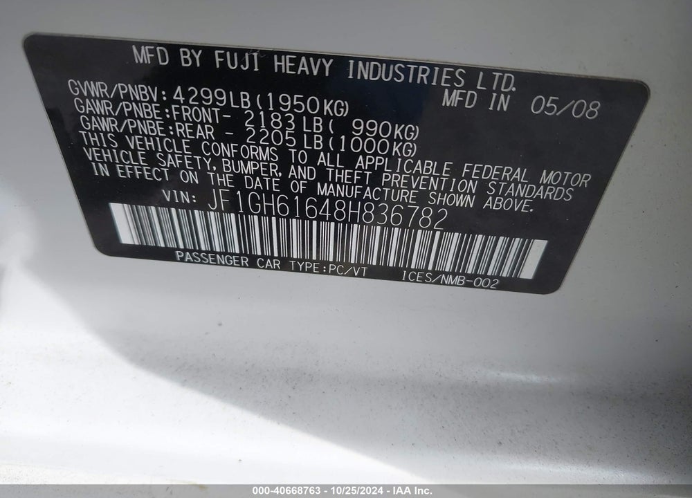 2008 SUBARU IMPREZA 2.5I VIN: JF1GH61648H836782