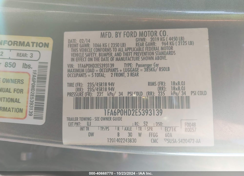 2014 FORD FUSION SE VIN: 1FA6P0HD2E5393139