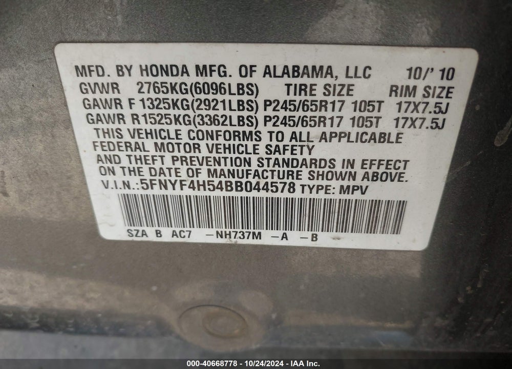 2011 HONDA PILOT EX-L VIN: 5FNYF4H54BB044578