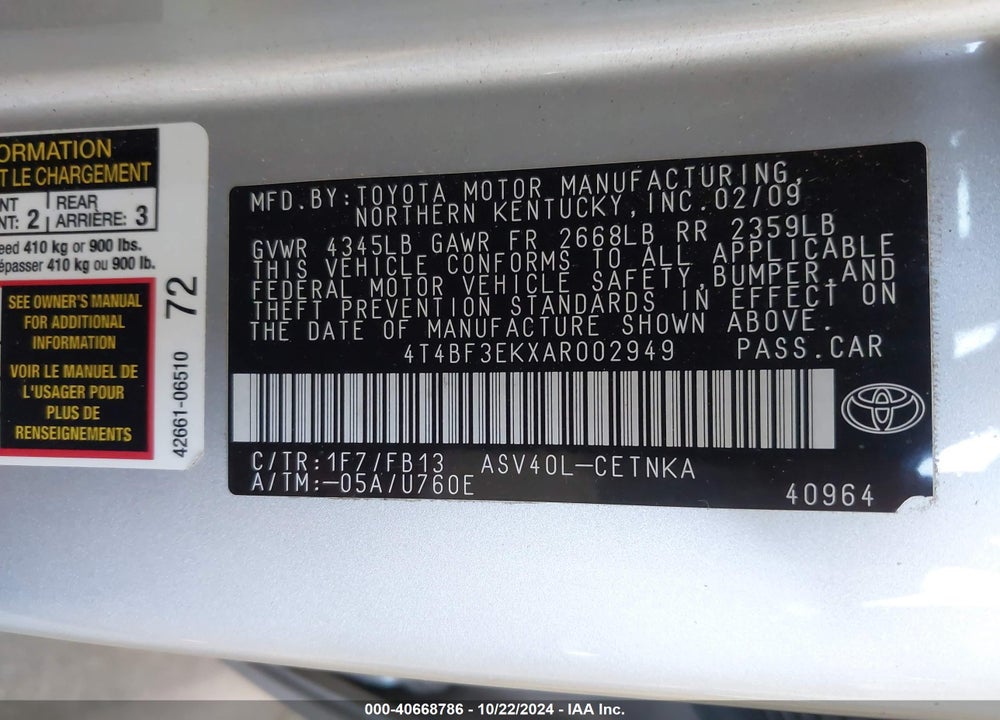 2010 TOYOTA CAMRY LE VIN: 4T4BF3EKXAR002949