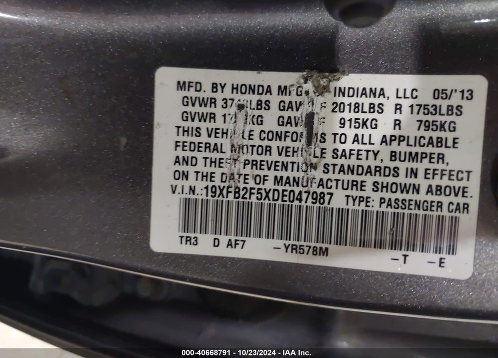 2013 HONDA CIVIC LX VIN: 19XFB2F5XDE047987