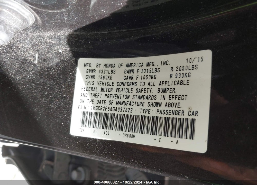 2016 HONDA ACCORD SPORT VIN: 1HGCR2F56GA037822